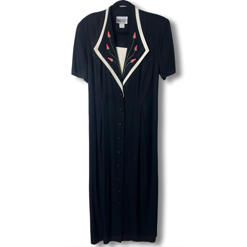 S.L.‎ Fashions VTG Women’s Maxi Dress Black Rosebud Embroidered Lapels 80s Sz 14